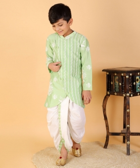 Floral Thread Embroidered Green Kurta And Dhoti
