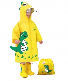 Fluorescent Yellow Dino Park Raincoat For Kids And Toddlers