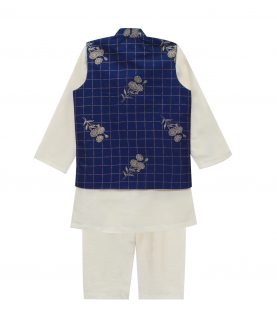 Navy Blue Foil print Bandi With Kurta & Pajama