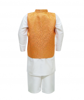 Orange Brocade Waist Coat With White Kurta Pyjama