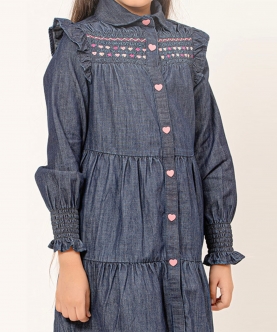 Varsity Chic Denim Blue Frock for Girls with Pink Buttons