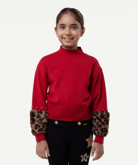 One Friday Red Animal Printed Sweater For Kids Girls