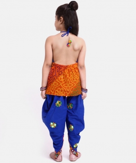 Bandhani Halter Top With Embroidery Dhoti-Blue