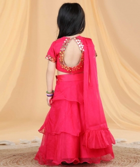  Leather Work On Blouse And Organza Frills On Lehenga