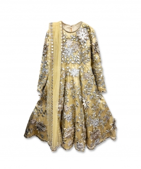 Golden Leather Applique Anarkali With 3D Floral Embroidery