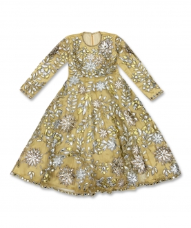 Golden Leather Applique Anarkali With 3D Floral Embroidery