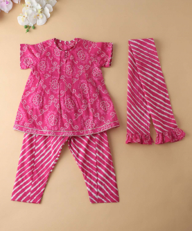 Pink Bandhej Leheriya Suit Set 