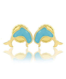 18K Gold -Blue Enamel Dolphin Earring