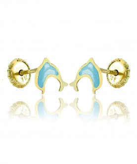 18K Gold -Blue Enamel Dolphin Earring