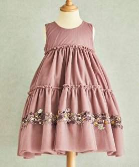 Hand Embroidered Thread Flowers And Birds Tiered Pink Dress