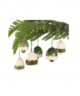 Handcrafted Wooden Christmas Decor -Bells Set Of 6 - Green