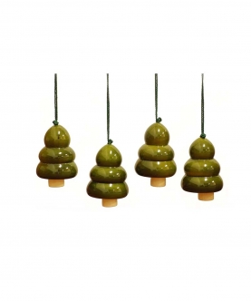 Handcrafted Wooden Christmas Decor- Tree Bell Green Set Of 4