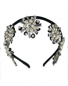 Black & White Color Sequins, Crystals, And Pearls Embellished Floral Hairband