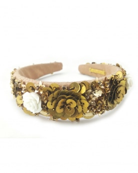 Gold color crystals, sequins, beads and white rose Embellished floral broad Hairband