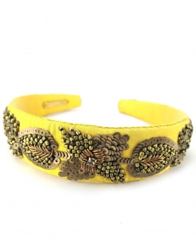 Yellow & Gold color Sequins, beads and crystal Embellished floral broad Hairband