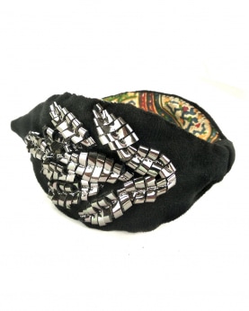 Black & Gunmetal color fabric and faux leather Embellished floral broad wings Hairband