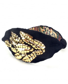 Black & Gold fabric and faux leather Embellished floral broad wings Hairband