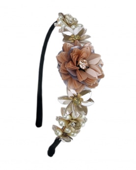 Silver and Peach color Sequins and Crystals Embellished flower Hairband