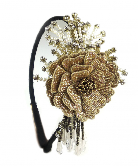 Handmade Beads Crystals And Pearls Embellished Gold Flower Partywear Hairband