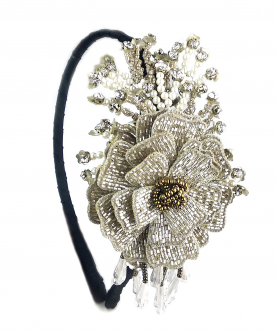Handmade Beads, Crystals And Pearls Embellished Silver Flower Partywear Hairband