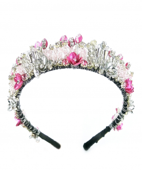 Pink And Silver Color Sequins, Crystals And Beads Embellished Flower Wedding Partywear Crown Hairband
