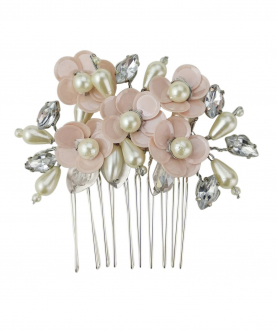 Peach Color Crystals, Sequins And Pearls Embellished Floral Hair Comb