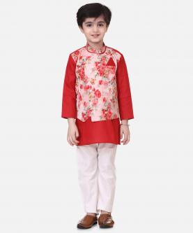 Attached Jacket Kurta Pajama For Boys-Red