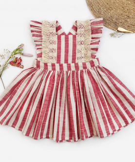 Pink Stripes Baby Frilled Frock With Crochette Lace 