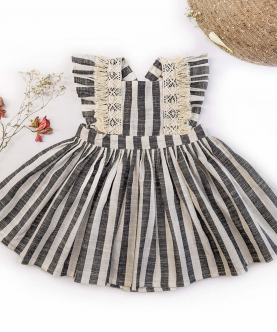 Grey Stripes Baby Frilled Frock With Crochette Lace 