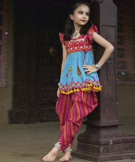 Gamthi Navratri Sky Blue Kids Kedia Dhoti Set For Girls/Kids
