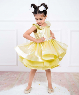 Delicate Yellow Organza Dress With Pearl Work On The Collar And Waistline