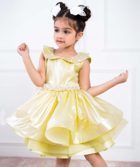 Delicate Yellow Organza Dress With Pearl Work On The Collar And Waistline
