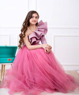 Pink Sequin Off Shoulder Gown With Tulle Skirt
