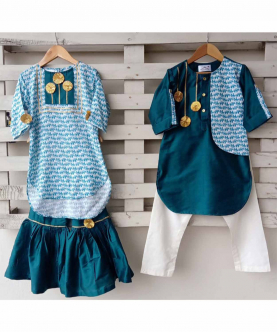 Teal Green And Blue Elephant Print Kurta Pyjama Set