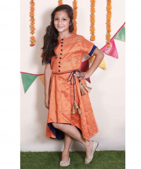 Orange And  Navy Blue Embroidered Assymetric Dress
