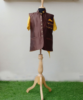 Brown And Mustard Bird Embroidered Kurta Set With Nehru Jacket