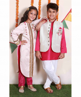 Off White And Pink Embroidered Kurta Set With Nehru Jacket
