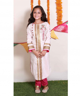 Off White And Pink Embroidered Kurta With Pants