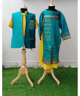 Yellow Silk Kurta Pyjama And Green Nehru Jacket