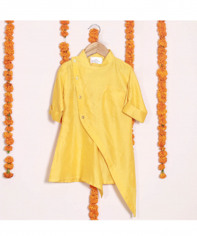 Yellow Asymmetric Katan Silk Kurta And Off White Pyjama