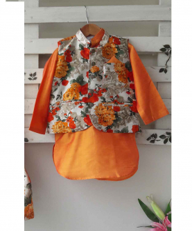 Orange Floral Printed Kurta Set With Jacket