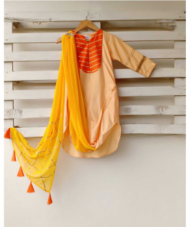 Yellow And Orange Cantaloupe Butterfly Embroidered Silk Cowl Dress