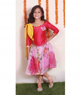 Floral Organza Skirt With Pink Top With Attached Dupatta