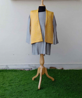 Asymmetric Kurta Pyjama Set With Yellow Brocade Jacket
