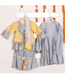 Asymmetric Kurta Pyjama Set With Yellow Brocade Jacket