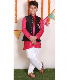Pink Silk Kurta Set With Raw Silk Embroidered Nehru Jacket