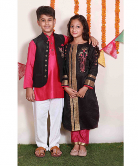 Pink Silk Kurta Set With Raw Silk Embroidered Nehru Jacket