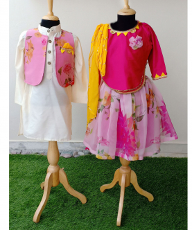 Pink Katan Kurta With Organza Short Jacket
