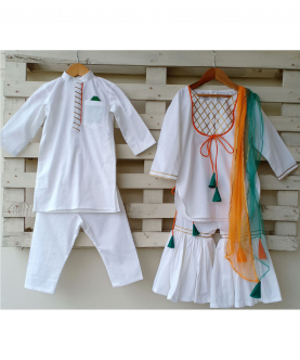 White Soft Cotton Kurta Set with Gota Work And Contrast Piping