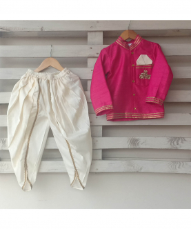 Pink Katan Silk Coat Paired With Off White Pyjama